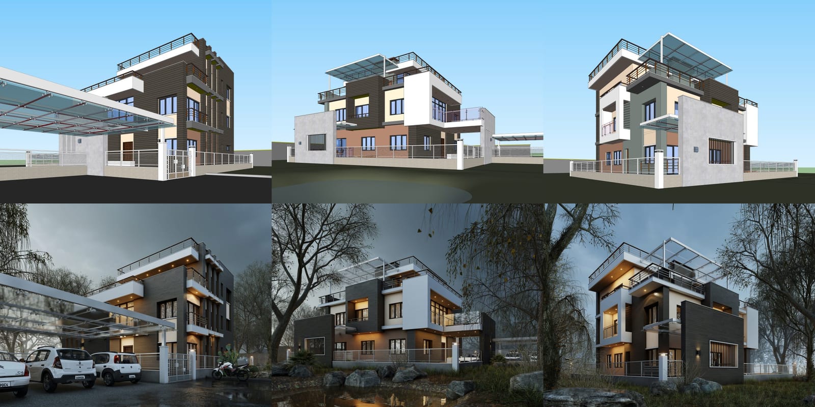 Three dramatic before/after views, rendered in Lumion by Suraj Karki (Instagram: @_yesk).